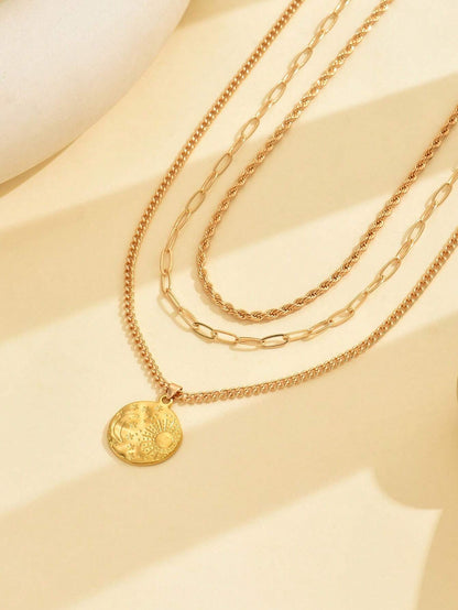 3pcs Gold Coin, Star & Moon Layered Necklace Set