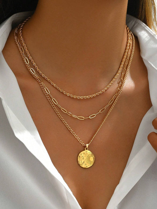3pcs Gold Coin, Star & Moon Layered Necklace Set